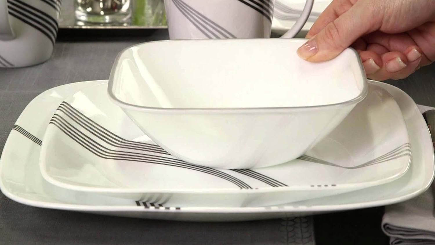 Corelle Urban Arc Square 16pc Dinner Set- 4 Dinner Plates, 4 Luncheon Plates, 4 Cereal Bowls and 4 Dessert Bowls - No Mug