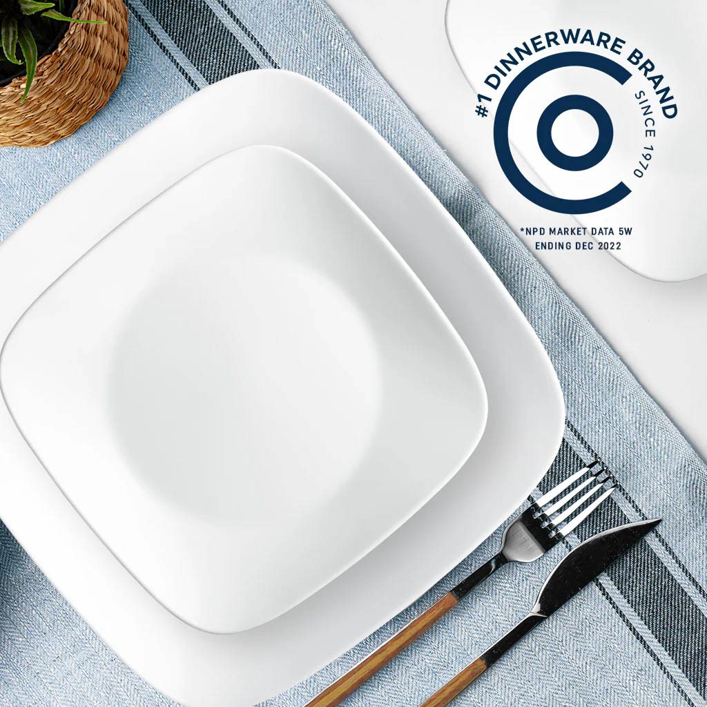 Corelle Pure White Square 16pc Dinner Set- 4 Dinner Plates, 4 Luncheon Plates, 4 Cereal Bowls and 4 Dessert Bowls - No Mug