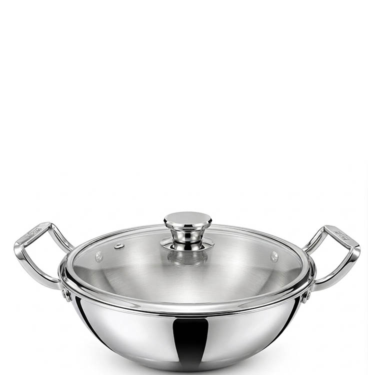 Zinel Stainless Steel Tri-Ply kadai with Glass Lid, 26cm - 4.3L