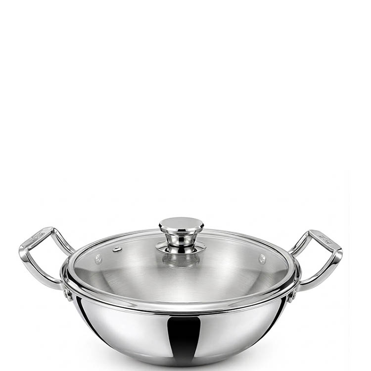 Zinel Stainless Steel Tri-Ply kadai with Glass Lid, 24cm - 3L