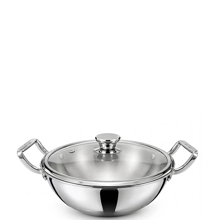 Zinel Stainless Steel Tri-Ply Kadai with Glass Lid, 22cm - 2.2L