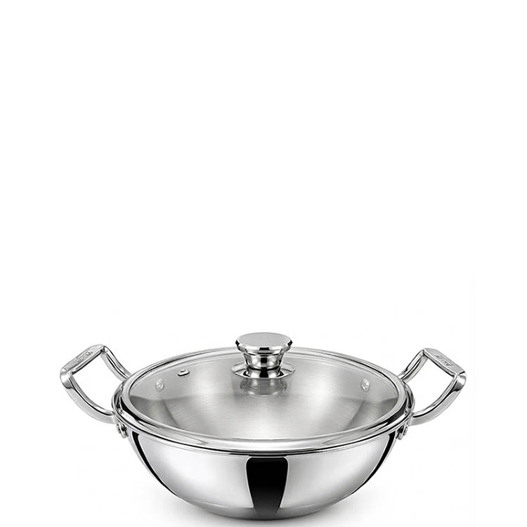 Zinel Stainless Steel Tri-Ply kadai with Glass Lid, 20cm - 1.6L