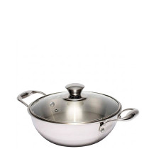 Zinel 5032 Tri-Ply Wok with Glass Lid, 2.2L-22cm, Stainless Steel