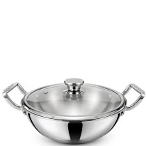 Zinel Stainless Steel Tri-Ply kadai with Glass Lid, 28cm -  5.5L